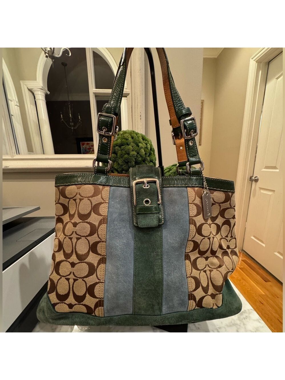 Coach - Hamptons Signature Stripe Satchel Green/Blue Suede - Nice Condition 2004
